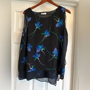 Calvin Klein Black Sleeveless Floral-Print Blouse with Blue Accents